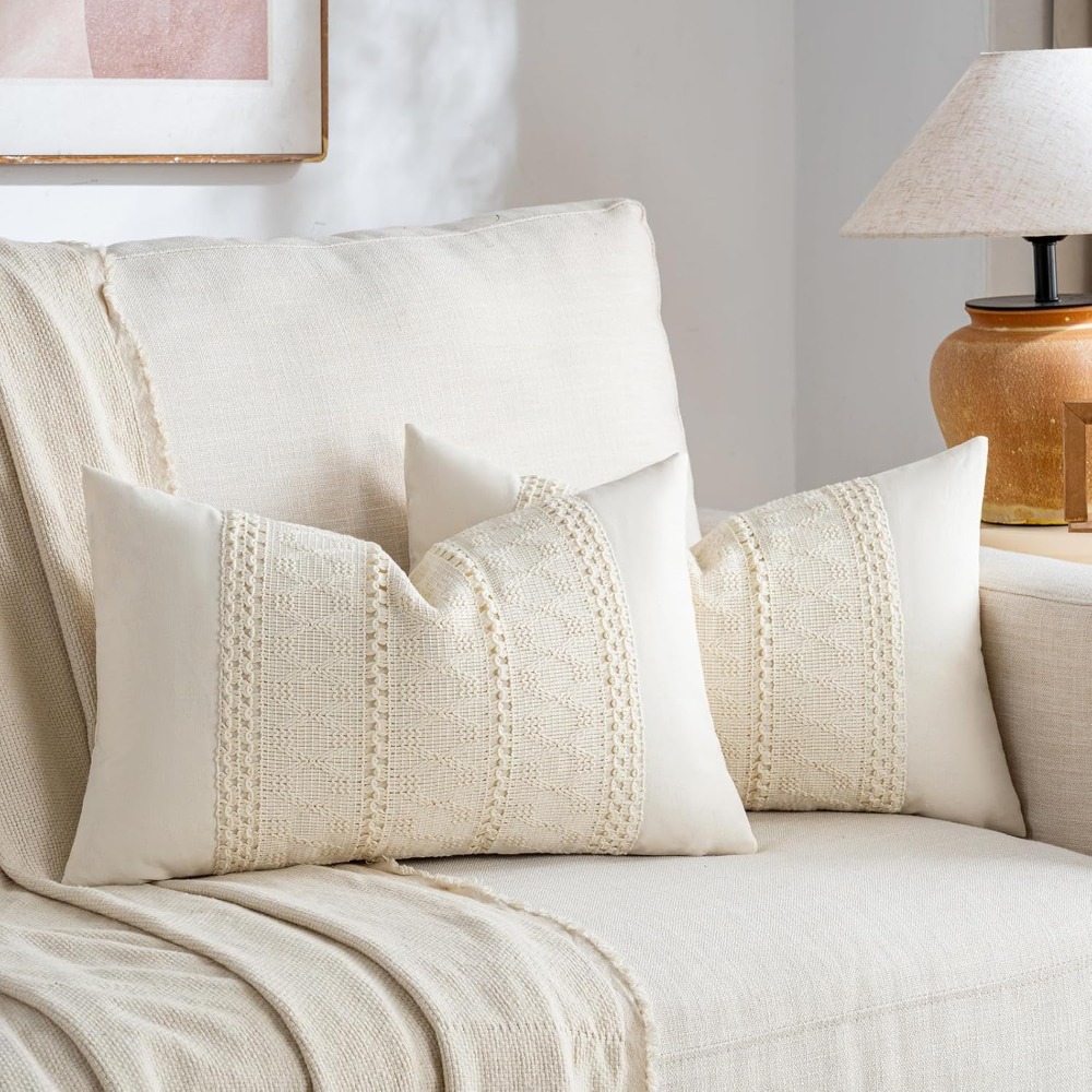 Home Decor Sofa - Boho Cream Lumbar Pillow Cover 12x20