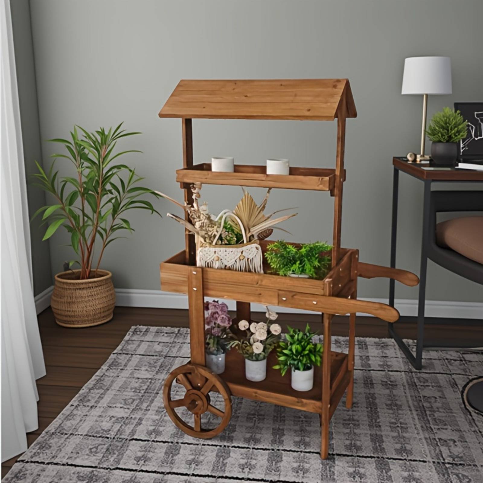 Home Decor Flowers - Wooden Flower Trolley Decorative Wheels Flower