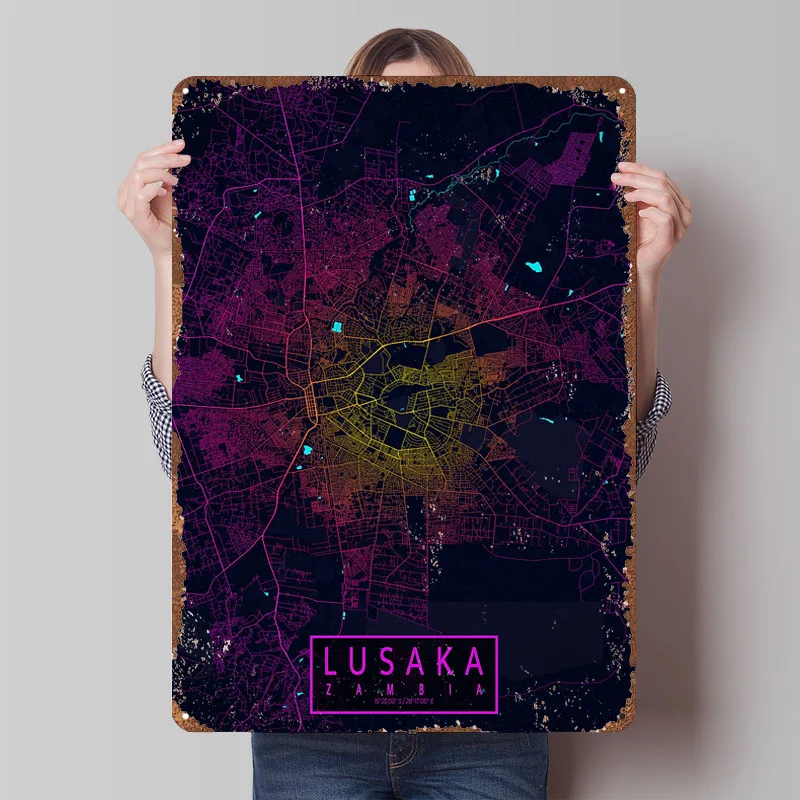 Home Decor Zambia - Lusaka City Map Zambia Neon Poster